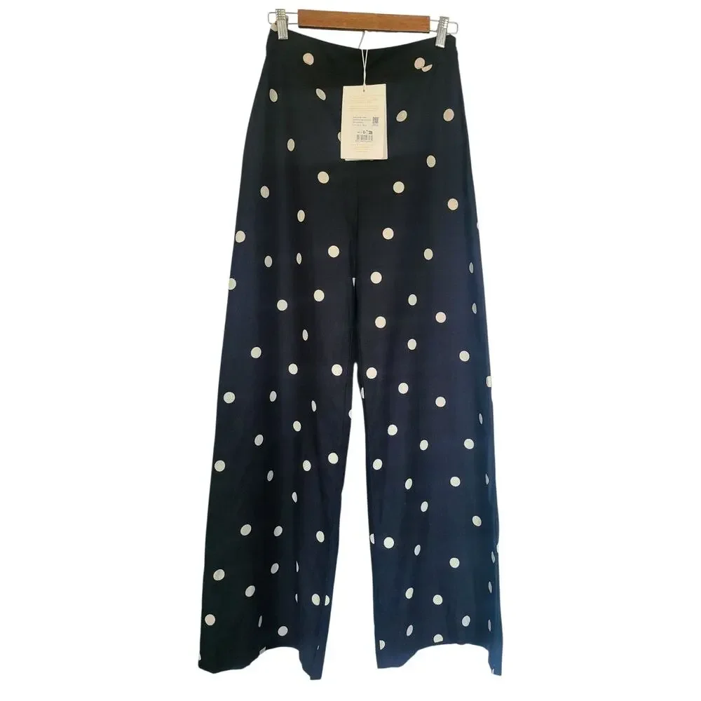 Sézane Tymo Linen Wide Leg Polka Dot Pants Black Ecru Size 36 US 4 NWT